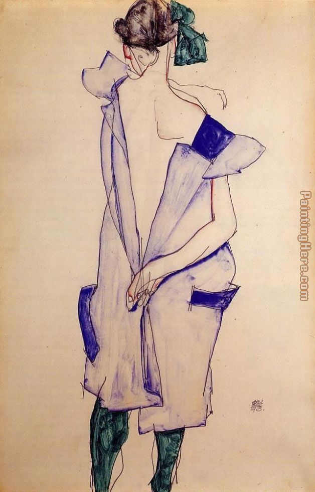 Egon Schiele Standing Girl in a Blue Dress and Green Stockings Back View